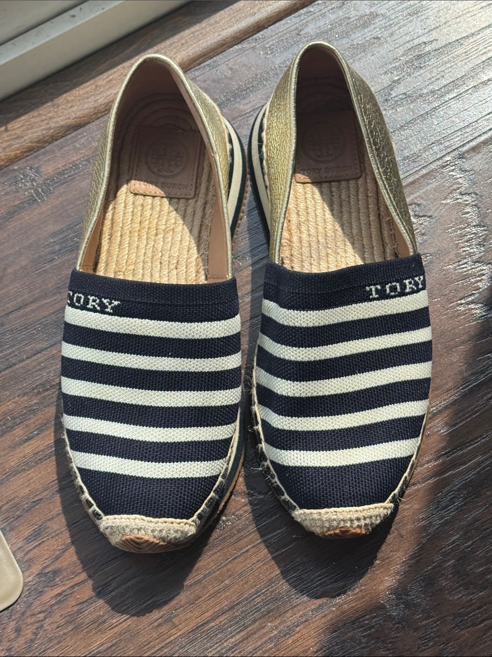 Tory Burch Navy  and Cream Striped Espadrille Slip-Ons w/ Gold Metallic Heel